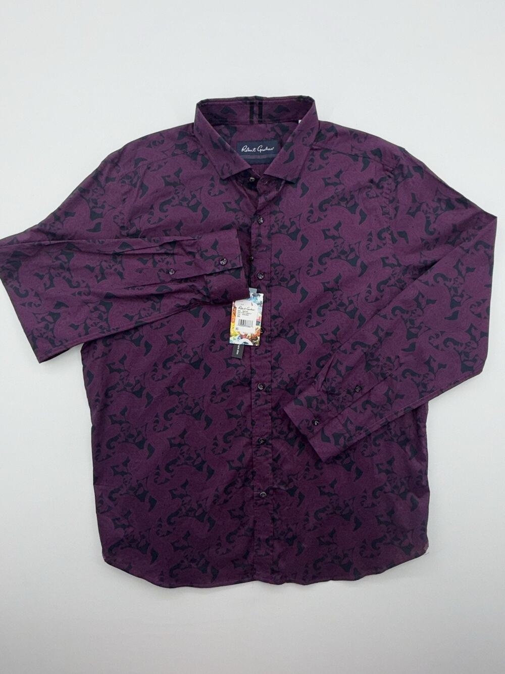 Robert Graham Button Down Mens 2XL Purple & Black paisley jacquard Pattern Shirt